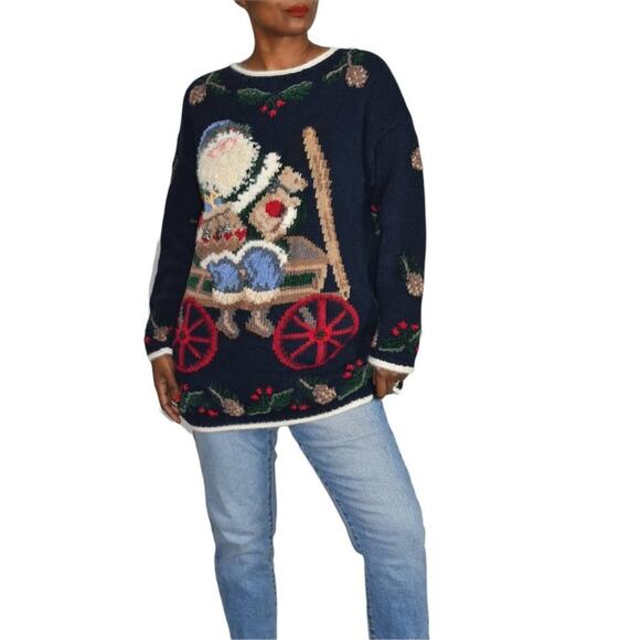 Ugly Christmas Sweater Santa Claus Vintage Northern Isles Tree Wreath Size Large - Picture 9 of 14